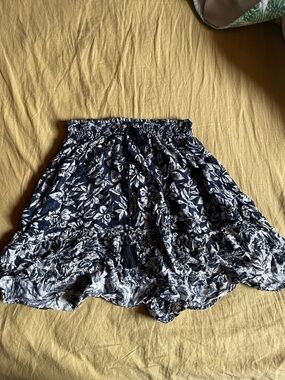 Rip Curl Navy and White Floral Smocked Waist Skater Skirt